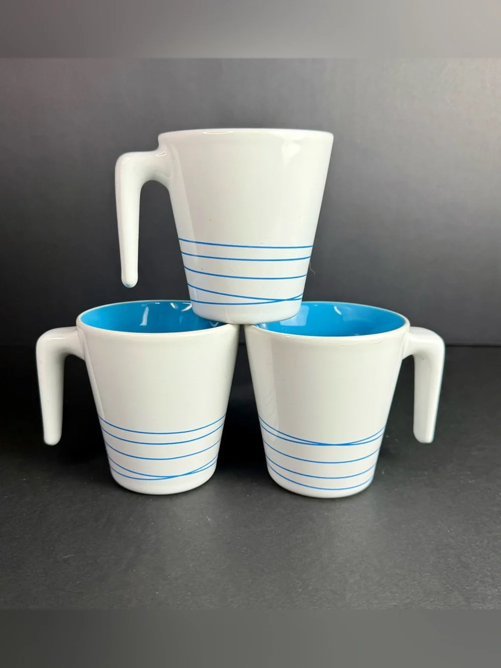3 IKEA Hurrig Mugs White/Sky Blue Coffee Tea Cup Stackable Stick Handle Retired